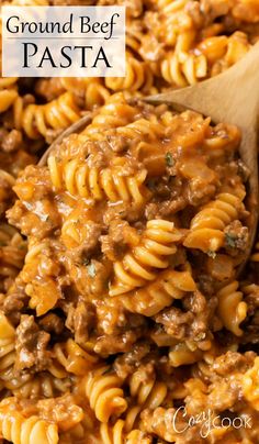 ground beef pasta in a skillet with a wooden spoon and text overlay that reads ground beef pasta