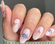 Nail Designs With Bees, Flower And Bee Nails, Bees Nail Art, Stardew Valley Nail Art, Grape Nail Art, Dainty Spring Nails, Forget Me Not Flower Nails, Square Nails Flowers, Nail Spring Ideas