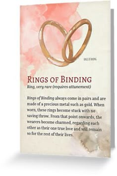 a card with two wedding rings on it and the words rings of binding written below