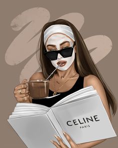 a woman in black shirt and white face mask reading a book while holding a cup of coffee