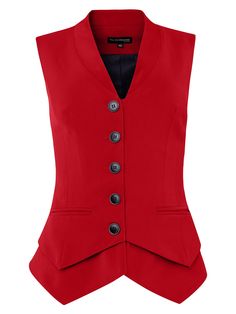 Embodying the concept of power suiting, this sharply tailored red vest features a V-neckline with button closure, pointed hemline, jetted pockets, and a tailored fit. Cut from a luxurious stretch crêpe, it is versatile enough to style and wear repeatedly.  Its smooth satin lining ensures it will layer bulk-free over shirting – though we suggest wearing it solo for a more daring look. Harmonise it with its matching Fierce Red High-Waist Straight-Leg Trousers to complete the flattering silhouette. Red Vest Outfit, Drowsy Chaperone, Boutique Cafe, Ladies Waistcoat, Women Waistcoat, Red Waistcoat, Fashion School, Red Vest, Brand Magazine