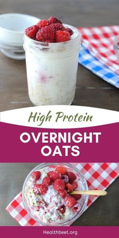 overnight oats with raspberries and yogurt in a jar on a table