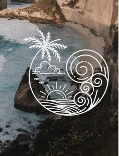 an aerial view of the ocean with waves and palm trees