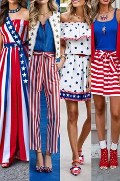 four women in patriotic outfits, one wearing red white and blue clothing the other wears an american flag outfit