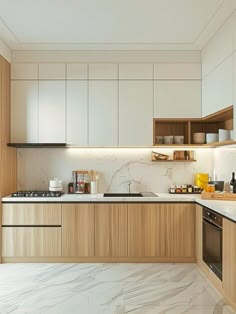 a kitchen with marble counter tops and wooden cabinets