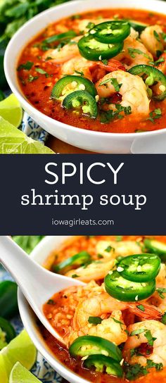 two bowls of spicy shrimp soup with green peppers and jalapenos