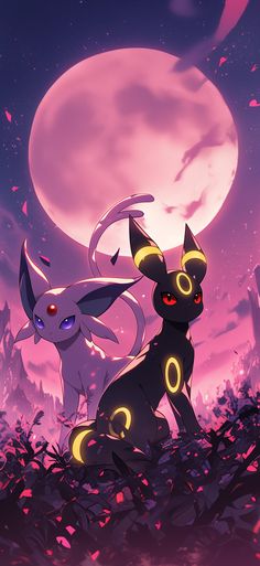 two cats standing next to each other in front of a full moon and purple sky