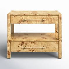 a wooden table with two drawers on one side and an open drawer on the other