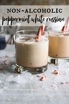 peppermint white russian cocktail in glasses with candy canes and crushed sugar on the side