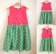 three pictures of dresses hanging on a clothes rack, one in pink and the other in green with white polka dots