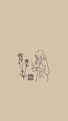 a drawing of a woman sitting at a table next to a plant