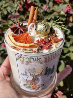 a hand holding an ice cream with cinnamon, orange slices and star anise on top