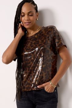 Turn heads in this stylish sequin tee by Sanctuary, featuring a crewneck silhouette, animal print fabric, and short sleeves. Pair with denim or vegan leather for a chic night-out look. | SANCTUARY Women's Sequin Perfect T-Shirt, Size Small, Brown Sequin Tee, Animal Print Fabric, Feminine Blouses, Shoe Size Conversion, Fashion Flats, Print Fabric, Lifestyle Brands, Capsule Wardrobe, Fashion Inspiration