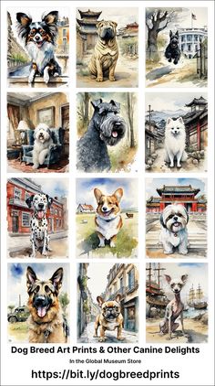 some pictures of dogs and their owners in different poses with the words dog breed art prints & other canine delights