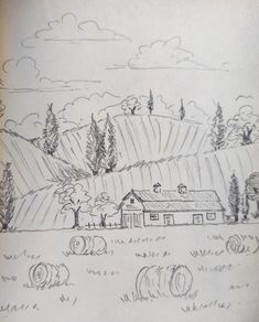 a drawing of a farm with hay bales in the foreground and trees on the far side