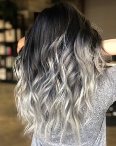 Half Black Half Silver Balayage Long Hair Ombre Gray Hair, Silver Balayage, Long Grey Hair, Grey Balayage, Black To Silver Ombre, Silver Ombre Hair, Balayage Long Hair, Gray Balayage