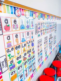 a classroom wall decorated with colorful posters and stools for children to sit in front of