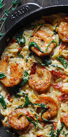 Creamy Tuscan Shrimp Pasta (Orzo) with Sun-Dried Tomatoes, Artichokes, and Spinach - in a cast iron skillet. Tuscan Shrimp Pasta, Pasta Orzo, Thing Aesthetic, Shrimp Orzo, Creamy Shrimp Pasta, Creamy Shrimp, Orzo Recipes