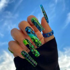 Green Trippy Nails, Blooming Gel Aura Nails, Rave Nails, Pride Nails, Nail Design Glitter, Retro Nails, Punk Nails, Nails Stiletto