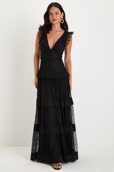 There's never been a look as chic and impressive as the Lulus Marvelous Darling Black Lace Ruffled Tiered Maxi Dress! Darling floral lace overlay shapes this lovely dress with a plunging V-neckline, seamed bodice, and dainty eyelash lace sleeves. Crochet lace trim adorns the set-in waist before falling to a ruffled, tiered maxi skirt with chiffon pleated details. A deep V-back completes the gorgeous look! Hidden back zipper/clasp. Fit: This garment fits true to size. Length: Floor length. Size m Wedding Guest Jacket Over Dress, Wedding Guest Jackets, Jacket Over Dress, Fall Wedding Guest Dress, Tiered Maxi Skirt, Black Bridesmaid Dresses, Crochet Lace Trim, Wedding Guest Dresses, Gowns Of Elegance