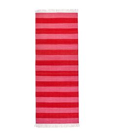 Rugby Stripe Runner in Cherry. Flat woven rug with red and pink stripes and white fringe at edges. Bright Stair Runner, Red Stripe Rug, Striped Stair Runner, Plain Pink Hall Runner, Long Blue Striped Runner Rug, Kitchen Runner Rug, Kitchen Runner, Hoop Charms, Red Vintage Rug Runner