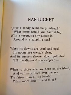 an open book with the words nantucket written in black ink on it