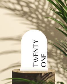 a white tombstone with the words twenty one on it sitting in front of a palm tree