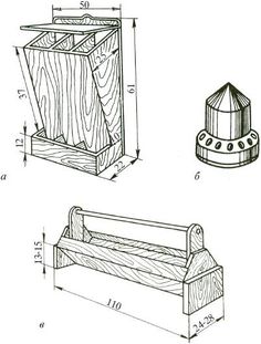 three different types of wooden furniture are shown in this drawing, including a bench and an umbrella