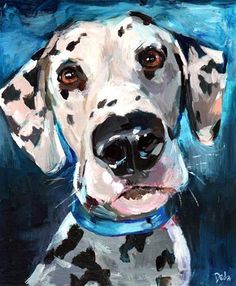 a painting of a dalmatian dog wearing a blue collar