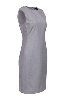 Classic Sleeveless Stretch Dress, Sleeveless Office Dress With Flattering Silhouette, Fitted H-line Sleeveless Formal Dress, Fitted H-line Sleeveless Dress For Formal Occasions, Elegant Tailored Sleeveless Dress, Classic Fitted Sleeveless Dress, Classic Sleeveless Office Dresses, Tailored Sleeveless Business Dress, Elegant Gray Knee-length Dress