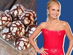 a woman standing in front of some cookies