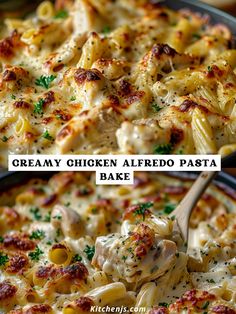 two pictures of different types of pasta in a casserole dish, one with chicken alfredo and the other with cheese