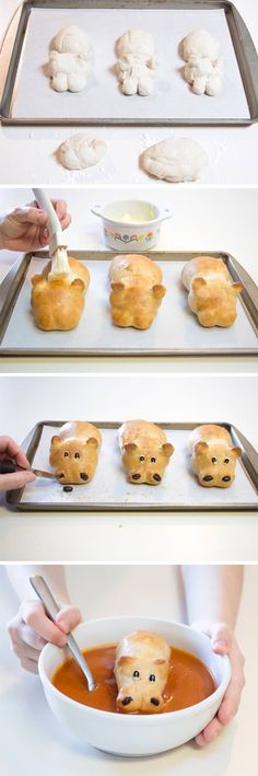 there are three pictures of different pastries on the same plate and in each pan