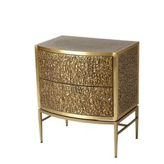 a gold and black cabinet with two drawers on one side, an open drawer at the top