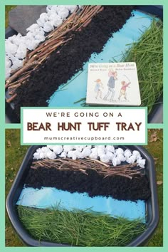 there is a bear hunt turf tray with grass and marshmallows in it