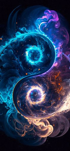 two colorful spirals are in the middle of a black background with blue and purple swirls