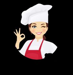 a woman in an apron and chef's hat making the peace sign with her hand