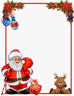 a santa clause with presents in front of him and reindeer on the other side of the frame