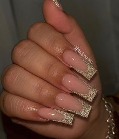 Nails Acrylic Gold French Tips, Hoco Nails Champagne, Champagne Nails For Prom, Classy Gold Nails Acrylic, Champagne Colored Nails Acrylic, Prom Nails Beige, Nails For A Gold Prom Dress, Tan Birthday Nails, Light Gold Nails Acrylic