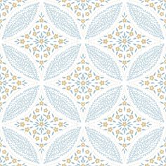 an abstract blue and yellow pattern with leaves on the side, as well as a white background