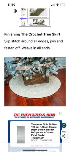 an advertisement for a christmas tree with the words finishing the crochet tree skirt