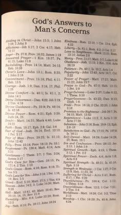 an open bible with the words, god's answers to man's concerns