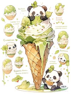 an ice cream sundae with panda bears and green leafy toppings on it