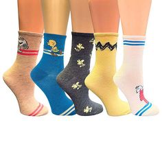 This 5-pack of Peanuts Snoopy crew socks for women are a cute wardrobe essential for fans of the franchise. This multi-pack includes 5 pairs of crew socks in assorted colors and patterns featuring the beloved characters, making them perfect for everyday styling with shoes or for wearing around the house. # Pieces In Set: 5 PairFeatures: Multi-PackCharacter: Peanuts, SnoopyShoe Size Range: 4-10Fiber Content: 98% Polyester, 2% SpandexFabric Description: Yarn Dyed KnitCare: Machine Wash, Tumble Dry Cute Wardrobe, Socks Womens, Unique Socks, Socks For Women, Peanuts Snoopy, Yarn Dyeing, Crew Socks, Handbag Accessories, Wardrobe Essentials