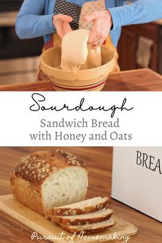 the bread is being sliced and put into a bowl