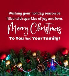 merry christmas card with pine branches and lights on red background, saying wishing your holiday season be filled with sparkles of joy and love