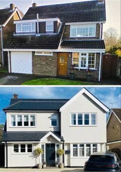 before and after pictures of a house with windows on the front, side by side