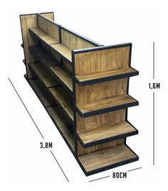 three tiered wooden display unit with black metal trimmings and wood flooring