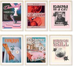 six vintage posters are shown in four different frames