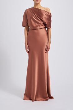 The Slouch Dress - Fluid Satin off-one-shoulder draped bodice gown with bias column skirt. Shown in Sienna, Black, Champagne, Navy, Fuchsia, Jade, Gold, Hunter, Ice, Lipstick-Red, French-Blue, Olive, Petrol, Slate, and Truffle. It is possible to have this style Made-to-Order in any of our standard Fluid Satin colors, please reach out to customerservice@amsale.com to place an order. Orange Mother Of The Bride Dresses, Ice Lipstick, Satin Colors, Lace Capelet, Amsale Dress, Peplum Gown, Draped Bodice, Red French, Ice Dresses